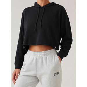 PINK Victoria’s Secret Black Cropped Hoodie Waffle Knit Pullover Small Lounge